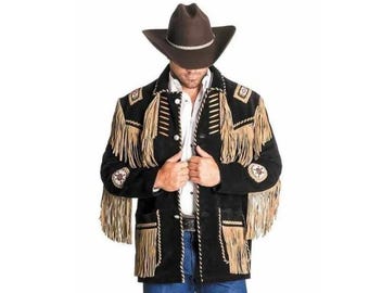 Western Black Suede Leather Jacket Men | Buckskin Traditional Native American Cowboy Fringe Jacket Coat with Beaded & Tassels