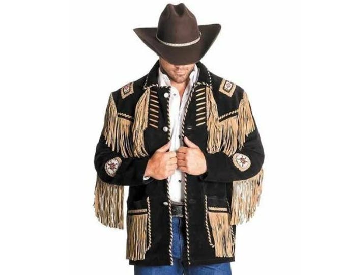 Western Black Suede Leather Jacket Men | Buckskin Traditional Native American Cowboy Fringe Jacket Coat with Beaded & Tassels