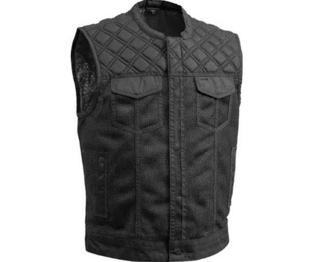 Black Mens Mesh Leather Vest - Classic Native American Biker Vest | Hunt Club Vintage Denim motorcycle vest | Western Cowboy Vest Waistcoat