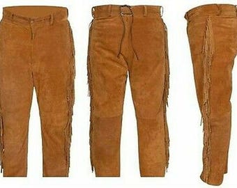 Authentic Men Western Leather Suede Pant Trouser | Vintage Native American Legside Cowboy Fringe Pant | Handmade Indian Buckskin Beaded Pant