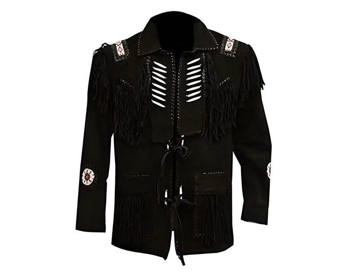 Black Western Leather Suede Jacket Men | Traditional Native American Buckskin Cowboy Fringe Jacket Coat with Beaded & Tassels