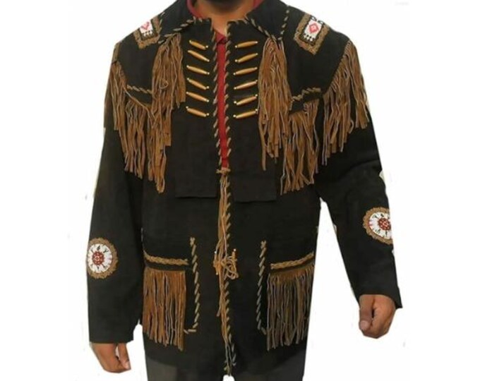 Black Western Buckskin Suede Leather Jacket Men | Classic Traditional Native American Cowboy Fringe jacket Jacket with Beaded & Tassels