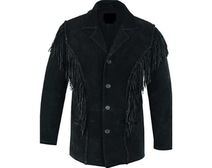 Western Black Suede Leather Jacket Men | Classic Buckskin Traditional Native American Cowboy Fringe Jacket Coat with Button & Tassels