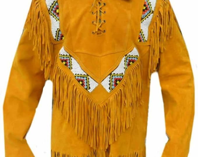 Men's Western Cowboy Suede Leather Shirt | Native American Shirts with Fringes& Beads Vintage Lace-Up Pullover Shirt