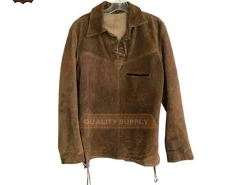 Men's Western Cowboy Suede Leather Shirt with Fringes Vintage Lace-Up Pullover Shirt