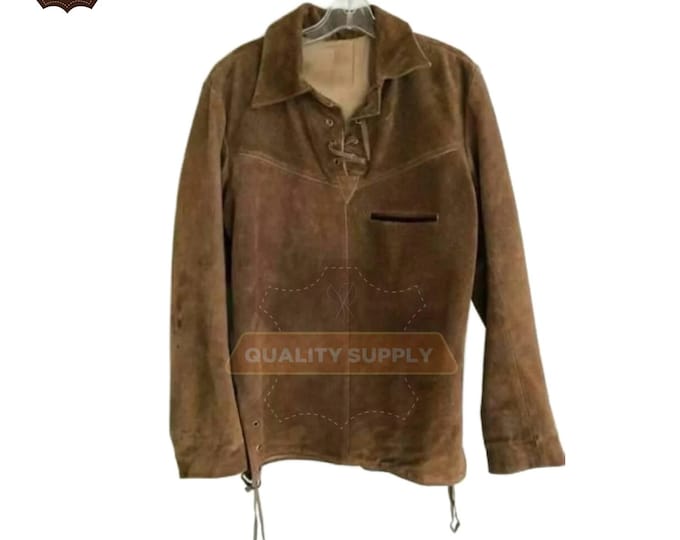 Men's Western Cowboy Suede Leather Shirt with Fringes Vintage Lace-Up Pullover Shirt