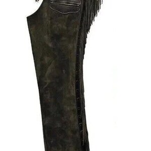 May include: Black leather chaps with brown leather accents and fringe. The chaps have a pocket on the front and a belt loop at the top.
