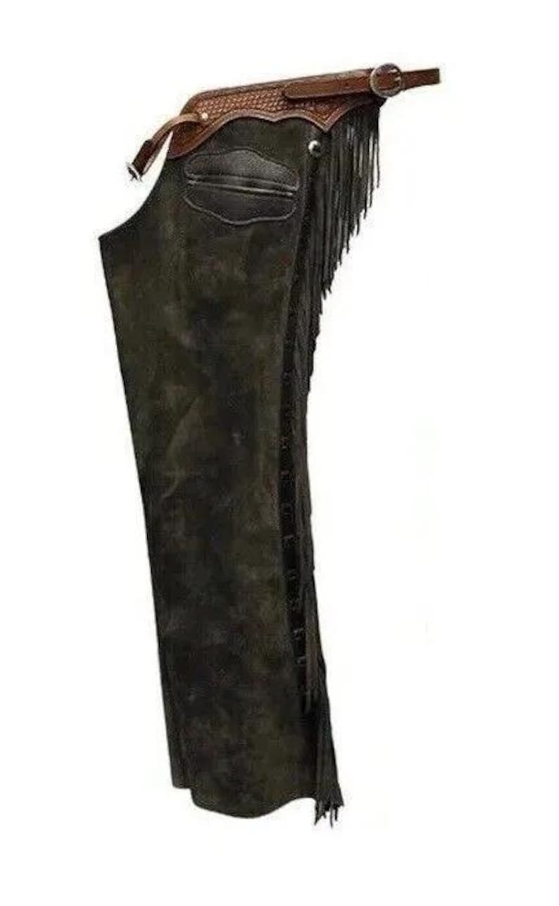 May include: Black leather chaps with brown leather accents and fringe. The chaps have a pocket on the front and a belt loop at the top.