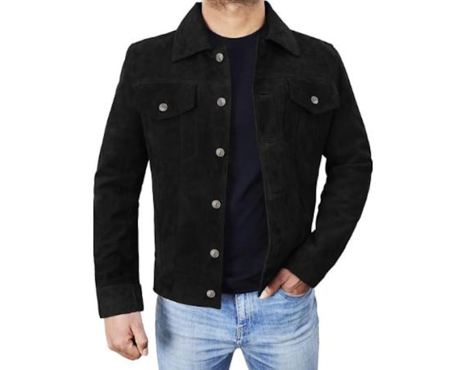 Vintage Trucker Leather Suede Jacket Men - Denim Handmade Biker Shirts, Café Racer Jacket Western Cowboy Jacket, Motorcycle Collar Shirts