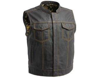 Mens Leather Vest Black - Classic Native American Rider Biker Vest | Hunt Club Denim Vintage motorcycle vest | Western Cowboy Vest Waistcoat