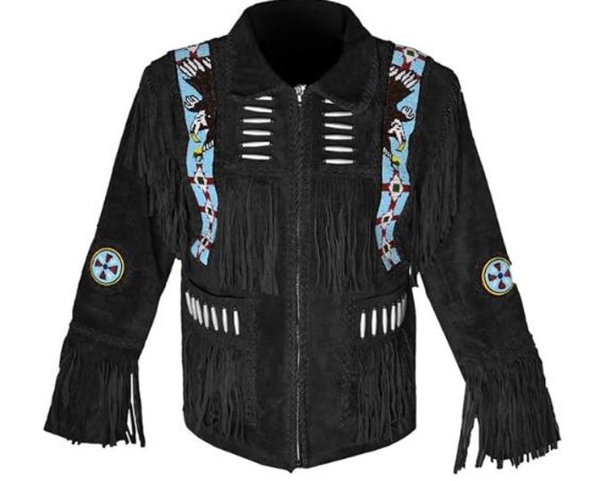 Men Black Western Leather Suede Jacket | Classic Buckskin Traditional Native American Fringe Jacket Cowboy Coat with Zipper Beaded & Tassels