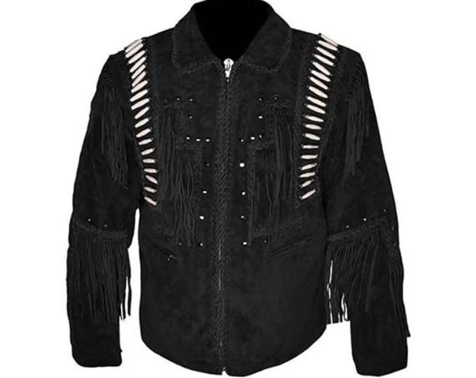 Western Black Suede Leather Jacket Men | Classic Buckskin Traditional Native American Cowboy Fringe Jacket Coat with Zipper Beaded & Tassels