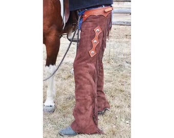 Men Brown Western Leather Suede Chaps Pant - Native American Legside Beaded Cowboy Fringe Chap, Handmade Buckskin Horse Mountain Rider Chaps