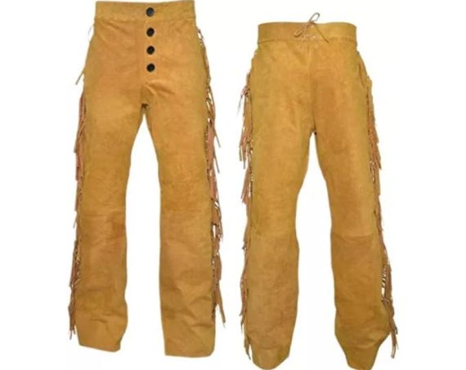 Brown Authentic Men Western Leather Suede Pant Trouser | Native American Legside Cowboy Fringe Pant, Handmade Indian Buckskin Beaded Pant