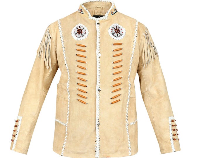 Handmade Men Vintage Western Suede Leather Coat Native American Style Jacket for Men with Beads and Bones