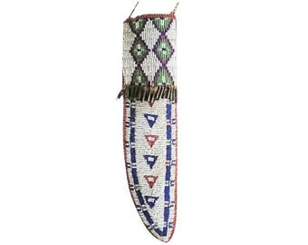 Antique Native American Sioux Tribe Leather Knife Cover - Vintage Handmade Knife Leather Sheath, Indian Hide Beaded knives Leather Cover