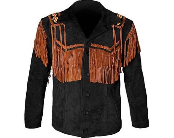 Men Black Western Suede Leather Jacket | Classic Buckskin Traditional Native American Cowboy Fringe Jacket Coat with Beaded & Tassels
