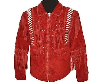 Western Red Suede Leather Jacket Men | Classic Buckskin Traditional Native American Cowboy Fringe Jacket Coat with Zipper Beaded & Tassels