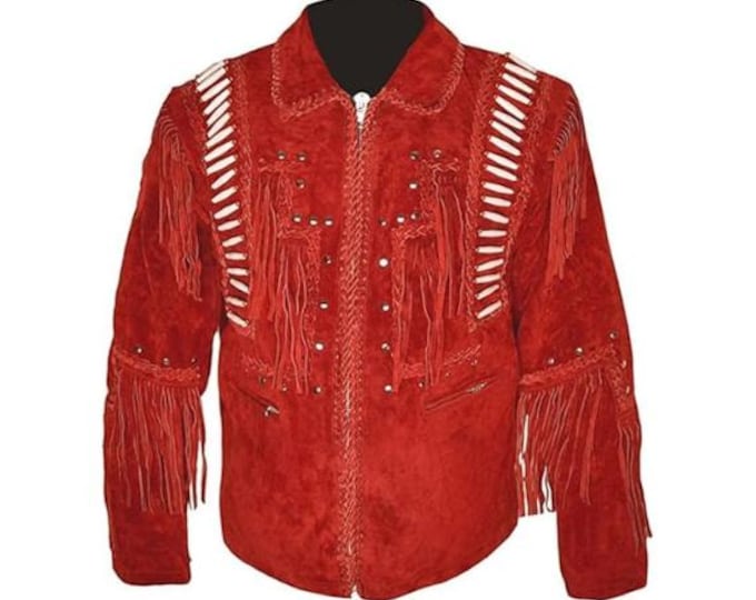 Western Red Suede Leather Jacket Men | Classic Buckskin Traditional Native American Cowboy Fringe Jacket Coat with Zipper Beaded & Tassels