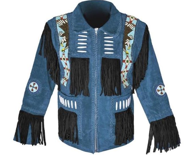 Men Real Western Suede Leather Jacket | Classic Buckskin Traditional Native American Cowboy Fringe Jacket Coat with Zipper Beaded & Tassels