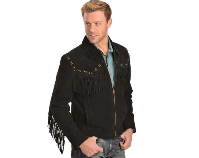 Western Black Suede Leather Jacket Men | Classic Buckskin Traditional Native American Cowboy Fringe Jacket Coat with Zipper & Tassels