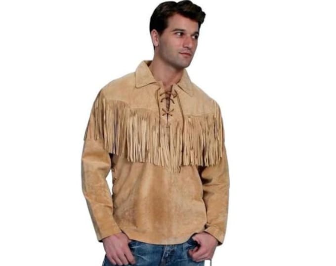Men's Western Cowboy Suede Leather Shirt | Native American Shirts with Fringes | Vintage Lace-Up Pullover Shirt