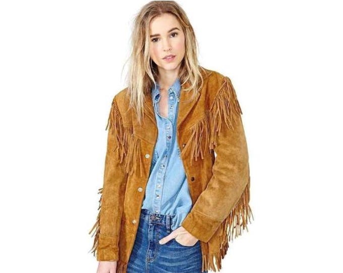 Traditional  100% Cowlady Genuine Western Suede Leather Jacket women Cow Lady Classic Native American Tassels Fringe Cowgirl Jacket