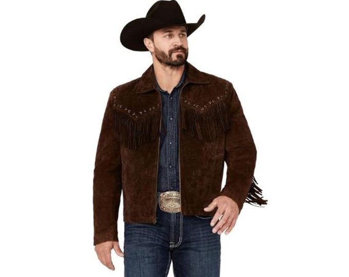 Western Brown Suede Leather Jacket Men | Classic Buckskin Traditional Native American Fashion Cowboy Fringe Jacket Coat with Zipper & Tassel
