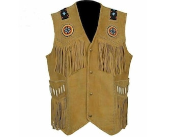 Traditional Men Western Suede Leather Vest - Classic Native American Fringe Vest, Vintage Leather Beaded Tassels Brown Cowboy Vest Waistcoat