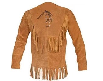 Men Brown Western Suede Leather Shirt Jacket | Native American Fringes Shirts Jacket | Vintage Lace-Up Pullover Shirts for Men with Tassels