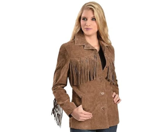 Traditional Western Cowlady 100% Genuine Suede Leather Jacket Women | Native American Lady Tassels Fringe Cowgirl Jacket