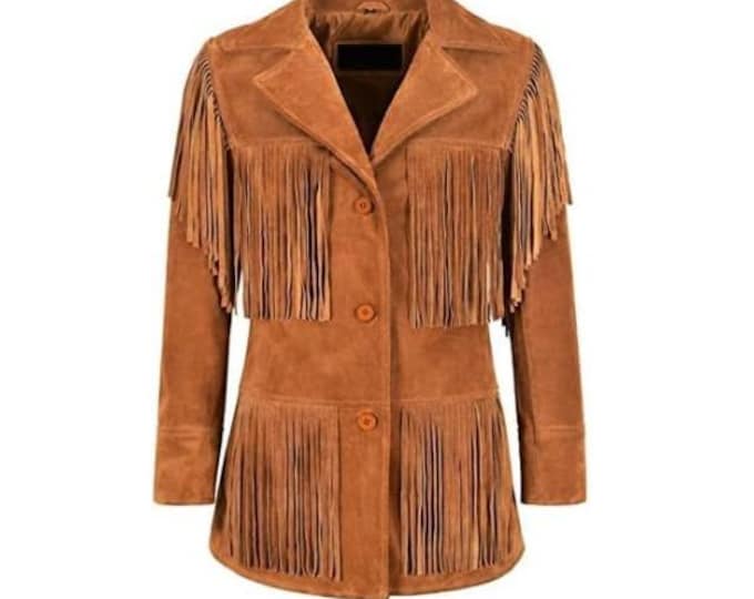 Traditional Western Cowlady 100% Genuine Brown Suede Leather Jacket Women Native American Lady Tassels Fringe Cowgirl Jacket