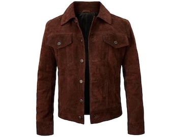 Vintage Real Red Suede Trucker Leather Jacket Men - Denim Handmade Motorcycle Biker Shirts, Café Racer Jacket Retro Western Cowboy Jacket