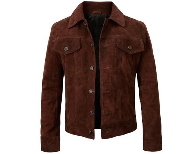 Vintage Real Red Suede Trucker Leather Jacket Men - Denim Handmade Motorcycle Biker Shirts, Café Racer Jacket Retro Western Cowboy Jacket