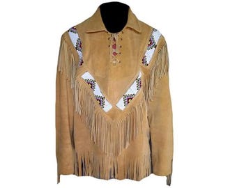 Men's Western Suede Leather Shirt Jacket | Native American Fringes Shirts Jacket | Vintage Lace-Up Pullover Shirts for Men with Tassels