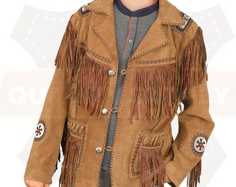 Men's Traditional Cowboy Western Leather Jacket | Native American Suede Coat with Beaded & Fringed