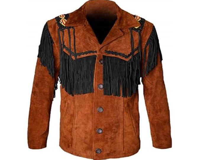 Men Western 100% Genuine Leather Suede Jacket | Classic Buckskin Traditional Native American Fringe Cowboy Jacket Coat with Beaded & Tassels