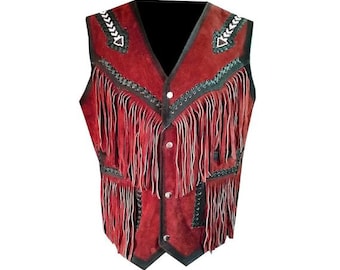 Traditional Red Men Western Cowhide Leather Vest - Classic Native American Fringe Vest, Vintage Leather Beads Tassel Cowboy Vest Waistcoat