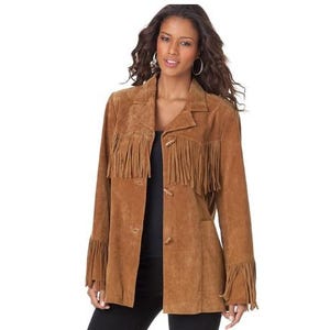 May include: A brown suede jacket with fringe detailing on the front and sleeves. The jacket has a button closure and a collar.