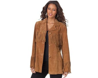 Traditional Western Cowlady 100% Genuine Suede Leather Jacket Women | Native American Ladies Tassels Fringe Cowgirl Jacket