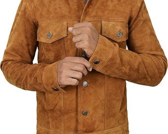 Vintage Trucker Leather Suede Jacket Men - Handmade Leather Biker