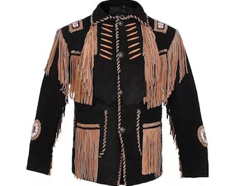 Western Black Suede Leather Jacket Men | Buckskin Traditional Native American Cowboy Fringe Jacket Coat with Beaded & Tassels