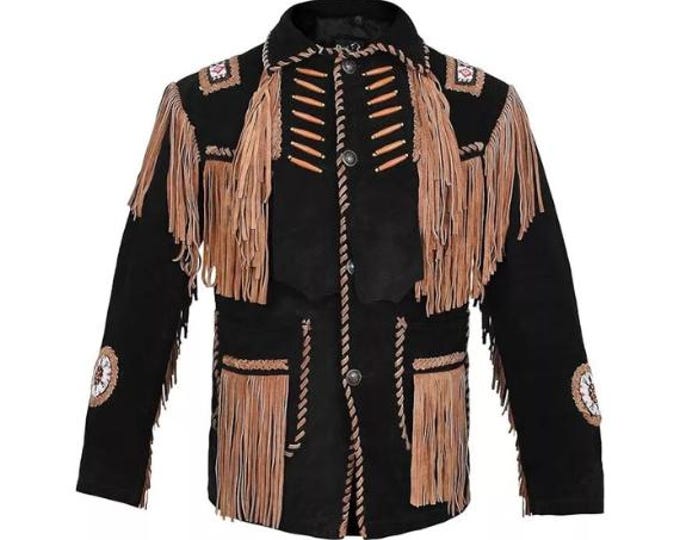 Western Black Suede Leather Jacket Men | Buckskin Traditional Native American Cowboy Fringe Jacket Coat with Beaded & Tassels