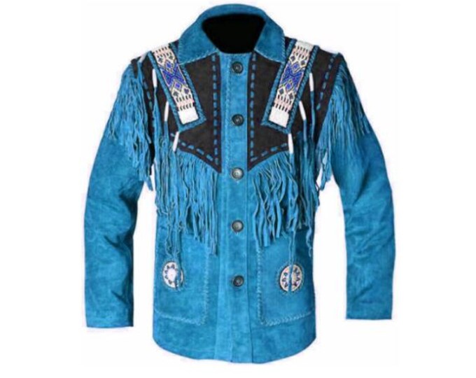 Traditional Western Leather Suede Jacket Men | Classic Native American Buckskin Cowboy Fringe Jacket Coat with Beaded & Tassels