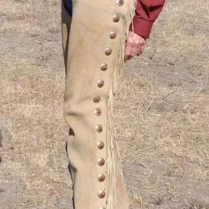 May include: A pair of tan leather chaps with fringe and a row of silver buttons down the side.