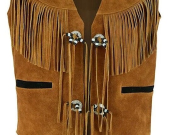 FRINGE VEST SET SUEDE JACKET ブラウンM Fringe Vest Women - Suede Leather Tassel Vest, Vintage