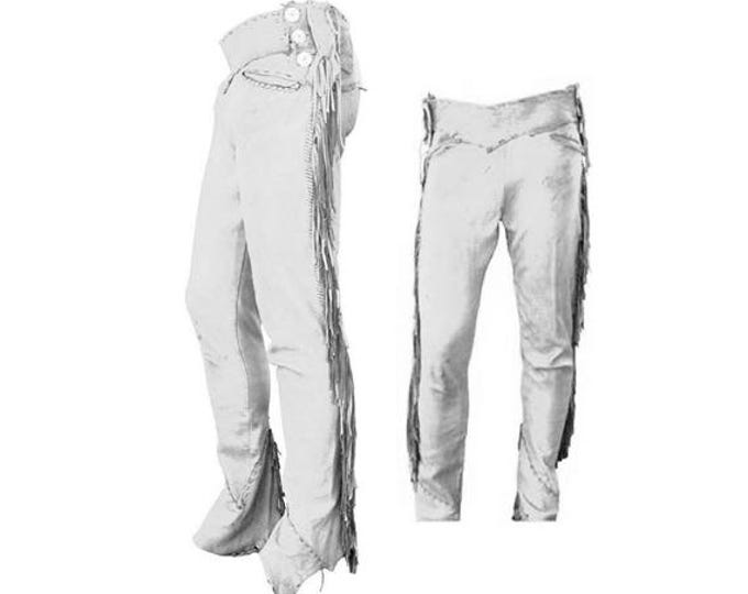 Men White Western Leather Suede Pant Trouser | Vintage Native American Legside Cowboy Fringe Pant, Indian Buckskin Beaded Slim Fit Pant