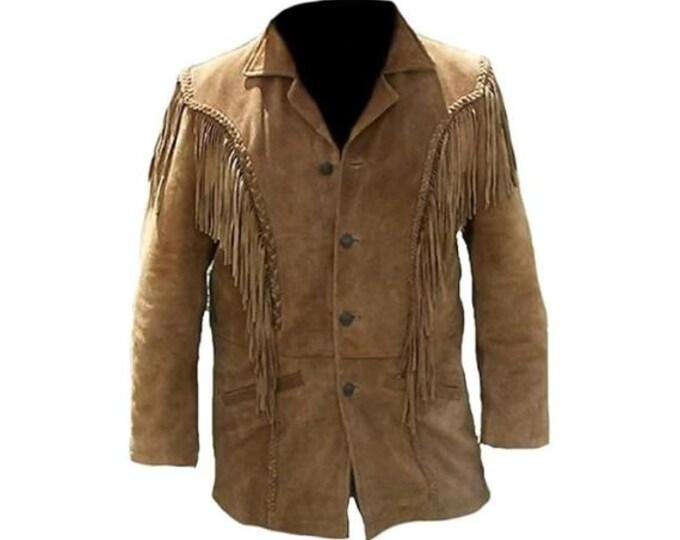 Western Brown Suede Leather Jacket Men | Classic Buckskin Traditional Native American Cowboy Fringe Jacket Coat with Button & Tassels