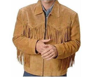 Brown Western Suede Leather Jacket Men | Buckskin Traditional Native American Cowboy Fringe Jacket Coat with Zipper & Tassels