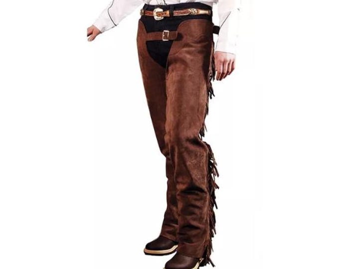 Men Brown Western Suede Leather Chaps Pant - Handmade Native American Legside Cowboy Fringe Chap, Buckskin Beaded Horse Mountain Rider Chaps